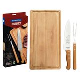 Kit Para Churrasco Tramontina Aço Inox Cabo De Madeira Natural Com Tábua De Madeira 3 Peças
