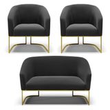 Namoradeira E 2 Poltronas Base Industrial Dourado Stella Suede Preto D03 - D&#39;rossi