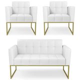 Sofá Namoradeira E 2 Poltronas Base Industrial Dourado Ana Sintético Branco - Ibiza