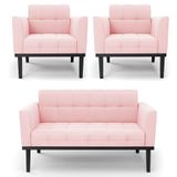 Sofá Namoradeira E 2 Poltronas Base Madeira Preto Ana Suede Rosa Bebê - Ibiza