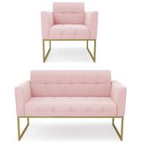 Sofá Namoradeira E 1 Poltrona Base Industrial Dourado Ana Suede Rosa Bebê - Ibiza