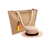 Kit Chapéu Paris E Bolsa Palha Juta Zíper Praia Verão Moda Piscina Bege