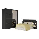 Guarda Roupas Casal E Cabeceira Com 2 Mesas De Cabeceira E Espelhos Multimóveis Mp4328 Preto
