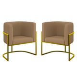 Kit 02 Cadeiras Poltrona Veludo Sala Quarto Base De Metal Gold Capuccino