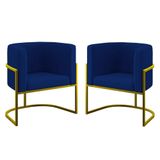 Kit 02 Cadeiras Poltrona Sala Quarto Base De Metal Gold Azul Marinho