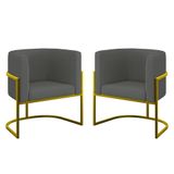 Kit 02 Cadeiras Poltrona Veludo Sala Quarto Base De Metal Gold Cinza