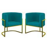 Kit 02 Cadeiras Poltrona Sala Quarto Base De Metal Gold Azul Turquesa