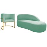 Kit Divã Luna 160cm Lado Direito E 01 Poltrona Base De Ferro Dourada Suede Azul Tiffany