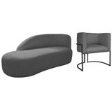 Kit Divã Luna 185cm Lado Esquerdo E 01 Poltrona Base De Ferro Preto Linho Cinza Escuro