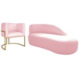 Kit Divã Luna 160cm Lado Direito E 01 Poltrona Base De Ferro Dourada Suede Rosa Bebê
