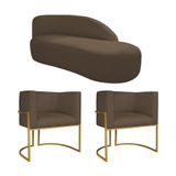Kit Divã Luna 140cm Lado Direito E 02 Poltronas Base De Ferro Dourado Suede Marrom