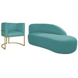 Kit Divã Luna 185cm Lado Direito E 01 Poltrona Base De Ferro Dourado Suede Azul Turquesa