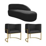Kit Divã Luna 140cm Lado Direito E 02 Poltronas Base De Ferro Dourado Suede Preto