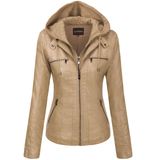 Jaqueta Feminina Tanming Com Capuz De Couro Sintético Apricot Xs