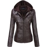Jaqueta De Couro Sintético, Bronzeamento, Capuz Removível, Feminino, Café Escuro