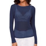 Blusa Feminina Akewei De Malha Transparente De Manga Comprida Azul Marinho Tamanho M