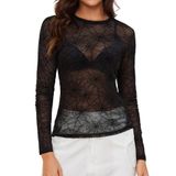 Blusa Feminina Akewei De Malha Transparente De Manga Comprida Preta Tamanho M