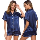 Conjunto De Pijama Feminino Swomog, Seda, Cetim, Manga Curta, Azul Marinho