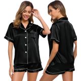 Conjunto De Pijama Feminino Swomog, Seda, Cetim, Manga Curta, Preto