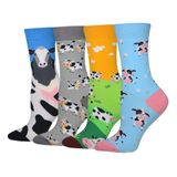 Meias Femininas Wish Island, Pacote Com 4 Unidades, Dairy Cow Cotton Crew