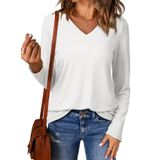Camiseta Feminina Evaless Com Decote Em V, Manga Comprida, Branca, Tamanho L