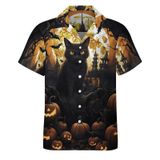 Camisa Ghualuru Halloween Pumpkin Cat Com Botão De Manga Curta Masculina