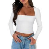Camiseta Feminina Pivanzore De Manga Comprida Com Gola Quadrada Branca
