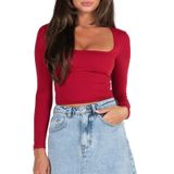 Camiseta Feminina Pivanzore, Manga Comprida, Gola Quadrada, Vermelha, Tamanho L