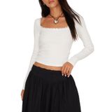 Camiseta Feminina Pivanzore, Gola Quadrada, Manga Comprida, Renda Branca