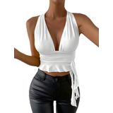 Blusa Curta Feminina Soly Hux, Sexy, Com Decote Em V Profundo, Branca