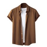 Camisa Masculina Cozyease De Manga Curta Com Botões E Listras Marrons M
