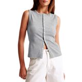 Camiseta Regata Feminina Baigram Com Botões, Canelada, Cinza Mesclado