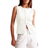 Camiseta Regata Feminina Baigram Com Botões, Canelada, Branca, Verão