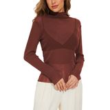 Camiseta Feminina Kiczoy Sparkle See Through Mesh De Manga Comprida