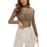 Camiseta Feminina Kiczoy See Through Mesh Transparente De Manga Comprida Cáqui