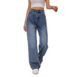 Jeans Kiczoy Femininos De Cintura Alta, Pernas Largas, Casuais, Soltos, Azuis