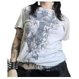 Camiseta Feminina Lordree Com Estampa Grunge De Manga Curta Branca