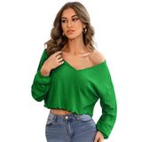 Camiseta Feminina Sweatyrocks, Manga Comprida, Decote Em V, Canelada
