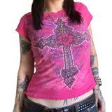 Camiseta Feminina Lordree Com Estampa Grunge De Manga Curta Rosa Rosa