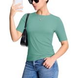 Camiseta Feminina Yucolen, Manga Curta, Gola Redonda, Algodão, Verde Acinzentado