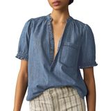 Camisa Feminina Locachy Com Meio Botão, Gola Simulada, Jeans, Azul Claro M