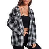 Camisa De Flanela Kevamolly Xadrez De Manga Comprida Para Mulheres Preta E Branca