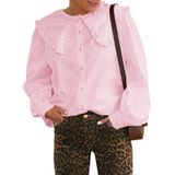 Blusa Feminina Tankaneo Com Botões, Manga Folhada, Rosa, Algodão