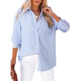 Camisa Feminina Elegante, Grande, Listrada Com Botões, Azul