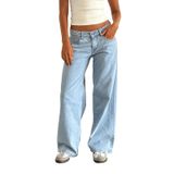 Calças Jeans Femininas Fomoyuu, Pernas Largas, Retas (azul Claro, S)