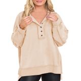 Moletom Feminino Eytino Plus Size Com Botão Henley, 4 Vezes Damasco