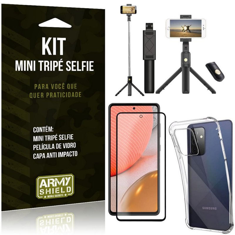 Kit Bastão Selfie Bluetooth com Tripe para Galaxy A72 6,7'' + Capa + Película 3D