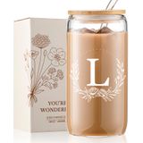 Copo De Vidro Loihayazea Com Monograma 473 Ml Com Tampa De Bambu