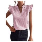 Blusa Wdirara Feminina Listrada Com Babados E Decote Em V