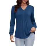 Blusa Túnica Feminina Luyaa Com Decote Em V Plissado, Manga Comprida, Azul